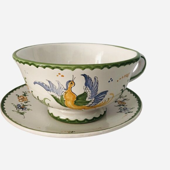 French Pottery Cup and Saucer Hand Painted Birds Signed Atelier du Chateau Set 2 - Picture 11 of 14